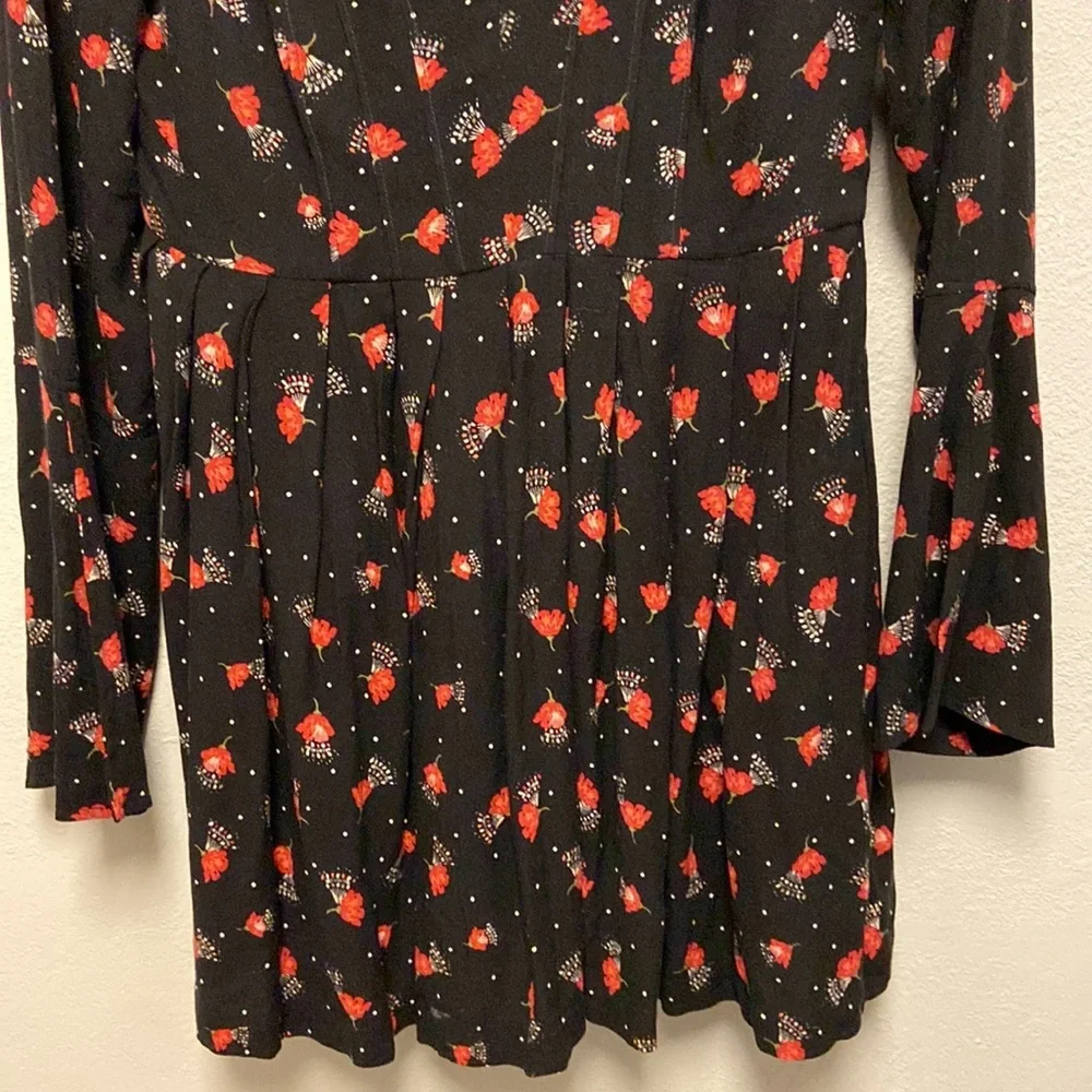 Free People Teagan Black Floral Deep V Neck Open Back Bell Sleeve Mini Dress